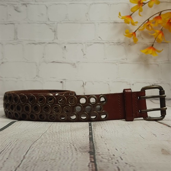 J. Crew Leather Belt with Brass Double Pronged Buckle & Brass Ring Accents Med